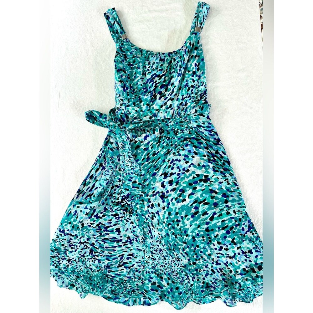 WHBM Dress Size 12 Sleeveless Blue Green Abstract Print Belted A-Line